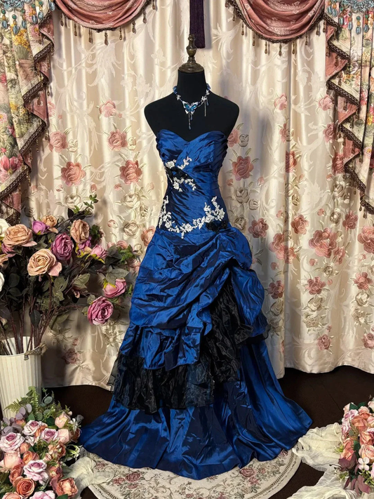 Vintage Strapless Navy Blue Satin Pleated Mermaid Party Dress Long Birthday Prom Dress Evening Gown D2015