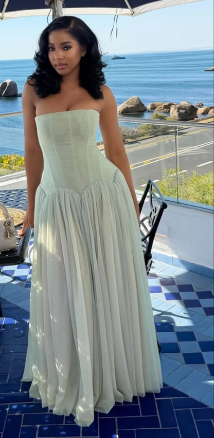 Classy Light Green Tulle A Line Long Evening Dress Strapless Prom Dresses D4961
