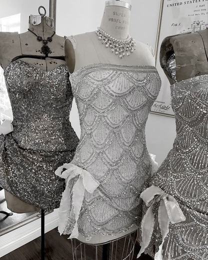 Vintage Strapless Sequin Beaded Cocktail Dress Champagne Sheath Grade Homecoming Dress Birthday Outfits S355