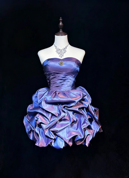 Classy Purple Strapless Satin Pleated A Line Short Homecoming Dress ,Mini Prom Dress D3361