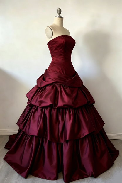 Fashion Strapless Ball Gown Burgundy Satin Layered Long Party Dress Evening Gown D1911