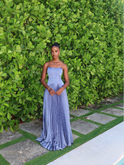 Stylish Strapless Blue Satin Pleated A Line Long Party Dress Birthday Prom Dress Gown D4973