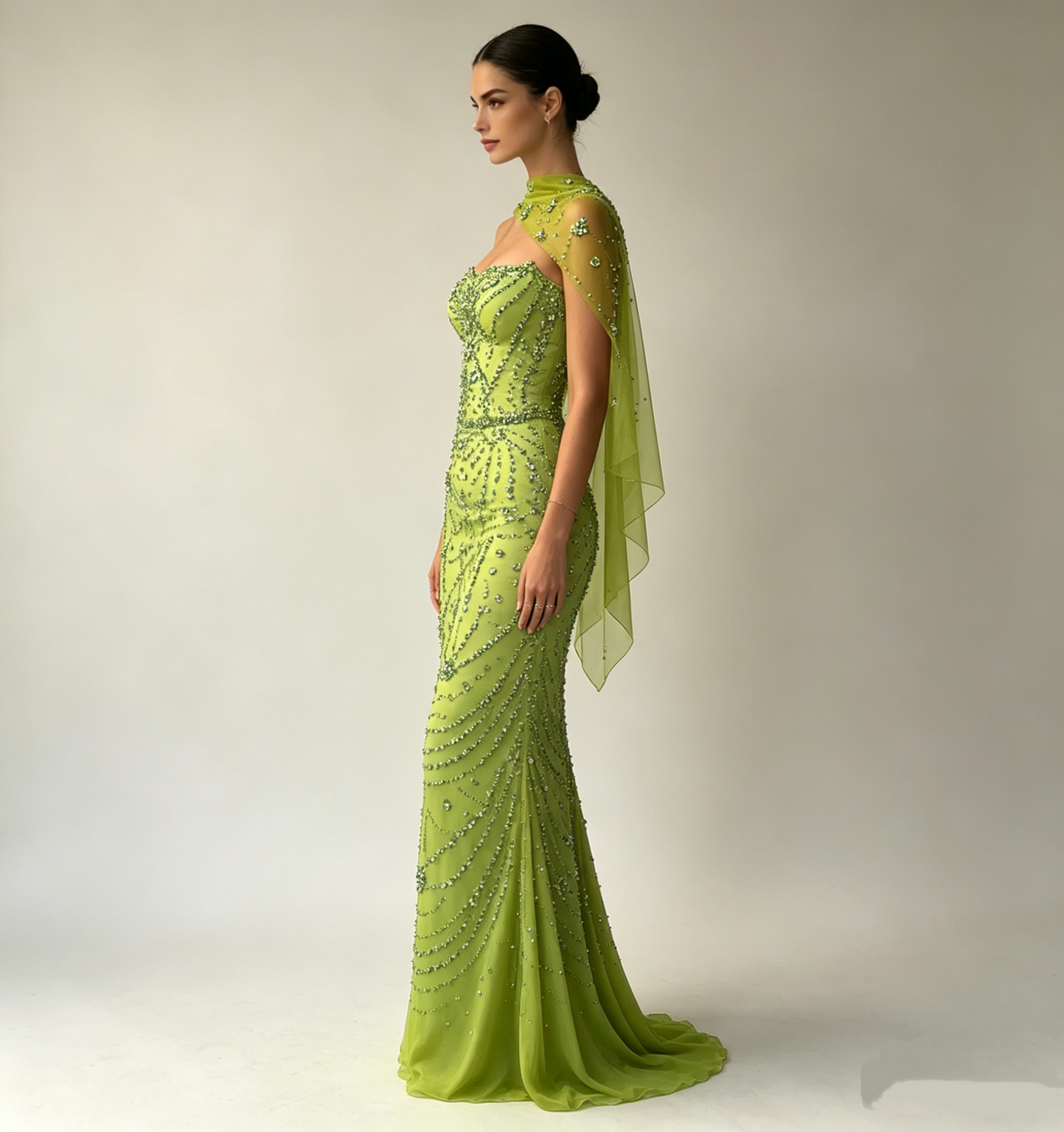Gorgeous Green Strapless Tulle Beaded Mermaid Evening Dress Long Prom Gown D836