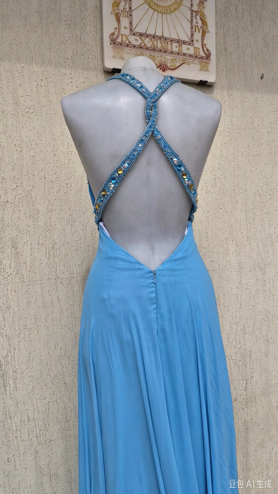 Elegant Halter V Neck Chiffon Beaded Long Party Dress Blue Long Prom Gown D4952