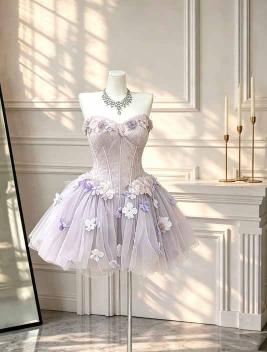 Fairy Sweetheart Neck Tulle Appliques Short Birthday Dress Lilac A Line Short 9th Grade Homecoming Dress D2641