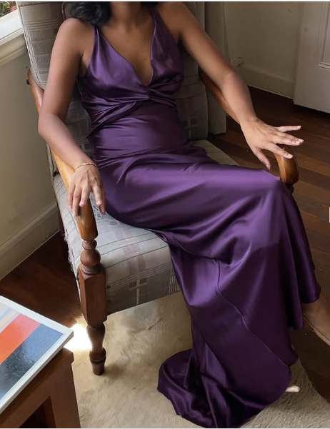 Simple A-Line V Neckline Grape Satin Long Prom Dresses Formal Evening Dress SD1389