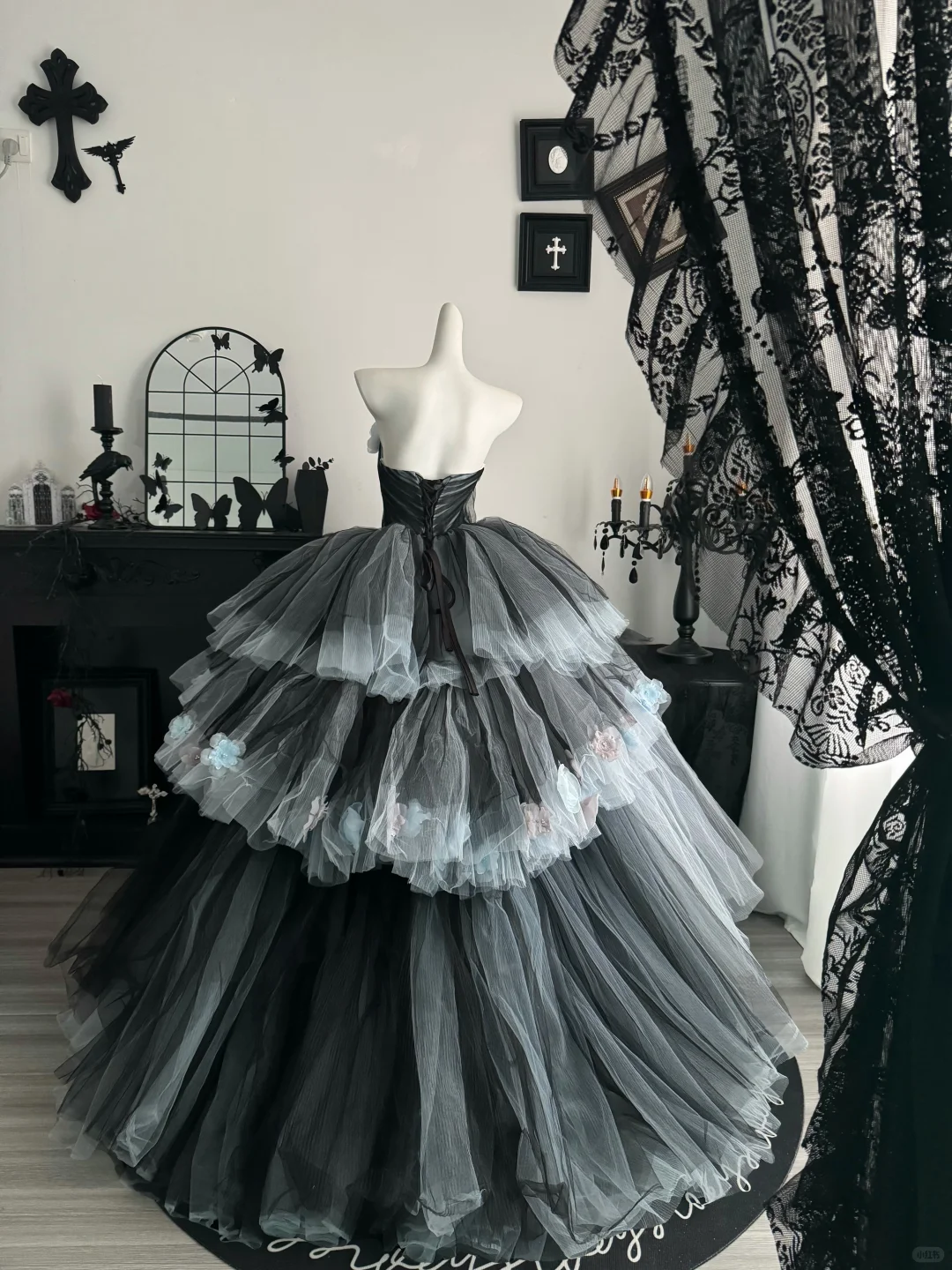 Charming Strapless Gray 3D Floral Layered Tulle Birthday Quinceanera Dress Sweet 16 Dress D3712