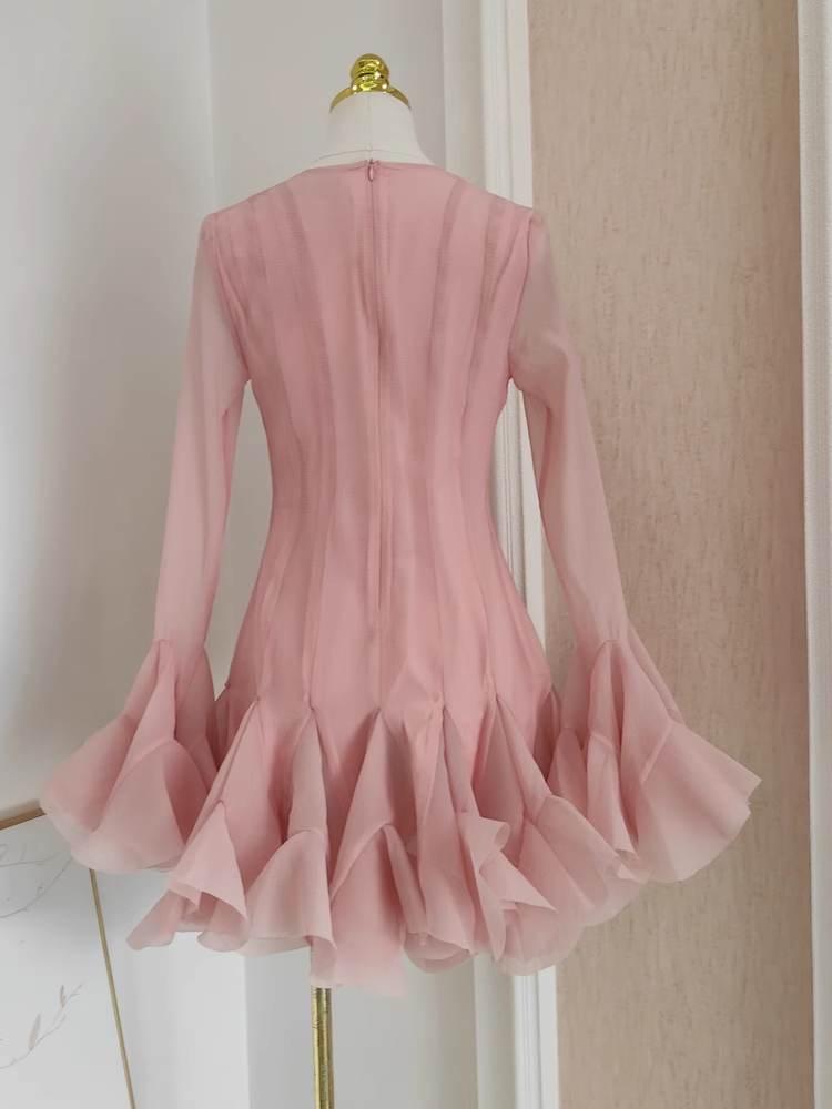 Cute Sheath Scoop Neckline Pink Long Sleeves Short Homecoming Dresses Birthday Outfits SD370