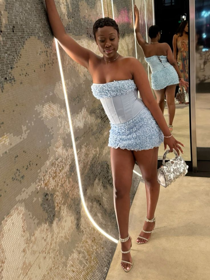 Elegant Blue Strapless Satin Tulle Pleated Floral Sheath Short Homecoming Dress Birthday Dress D4221