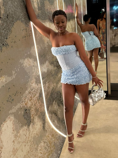 Elegant Blue Strapless Satin Tulle Pleated Floral Sheath Short Homecoming Dress Birthday Dress D4221