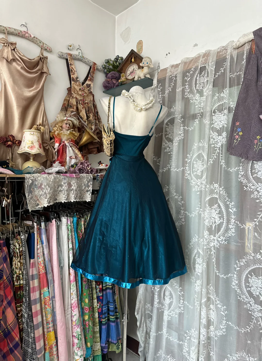 Vintage Spaghetti Straps Sapphire Blue Satin Tulle A Line Short Homecoming Dress Cocktail Dress D2880