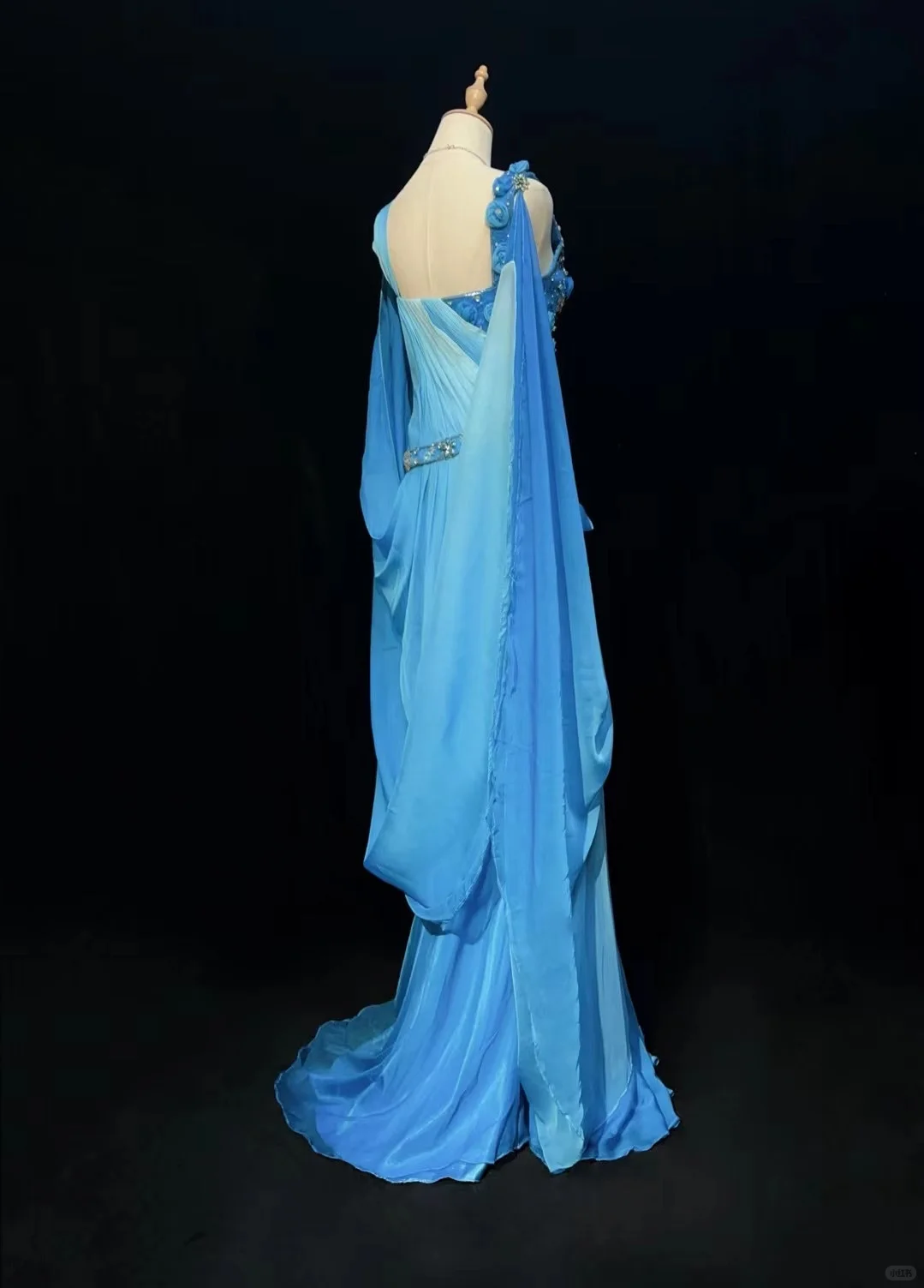Elegant V Neck Ombre Blue Chiffon Beaded Mermaid Long Party Dress Evening Dress D2847