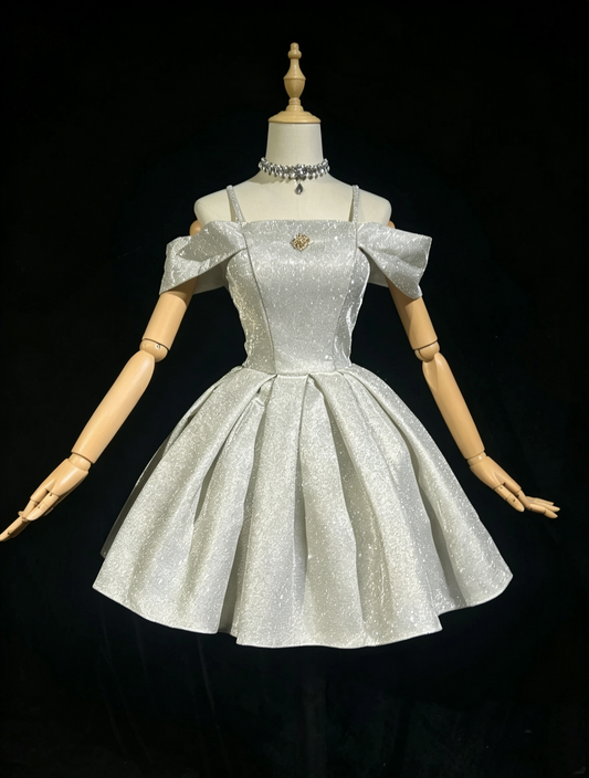 Sparkly Off The Shoulder Satin Sequin A Line cocktail Dress,Silver Short 9th Grade Homecoming Dress D3367