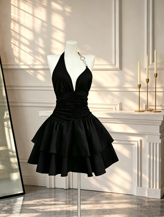 Sexy Halter V Neck Mini Cocktail Dress Black Satin A Line Short Homecoming Dress Birthday Dress D2640