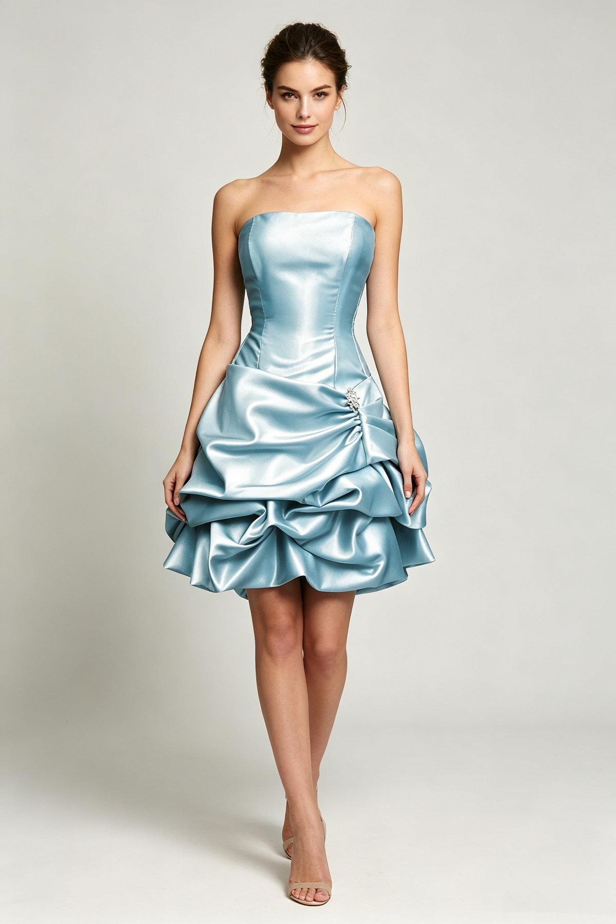 Sexy Strapless Light Blue Satin Pleated Short Graduation Homecoming Dress Birthday Outfits D3003