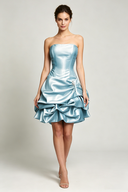 Sexy Strapless Light Blue Satin Pleated Short Graduation Homecoming Dress Birthday Outfits D3003