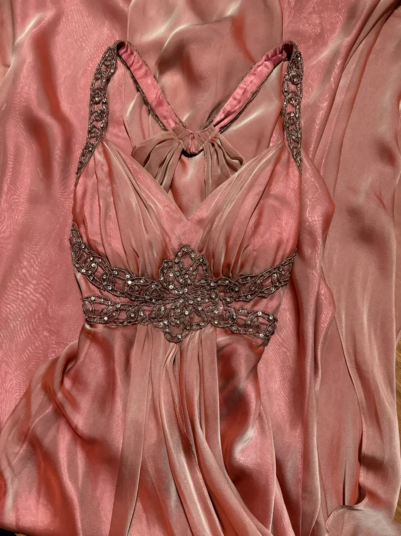 Elegant Peach Pink V-Neck Long Prom Dress Beaded Backless Mermaid Long Party Dress D4737