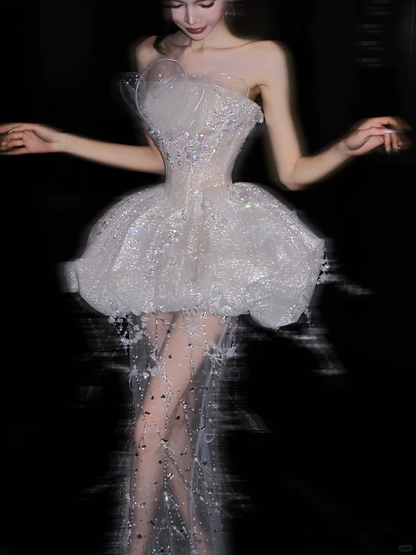 Shiny White Strapless Tulle Sequin Beaded A Line Graduation Homecoming Dress,Formal 18th Birthday Outfits D3064