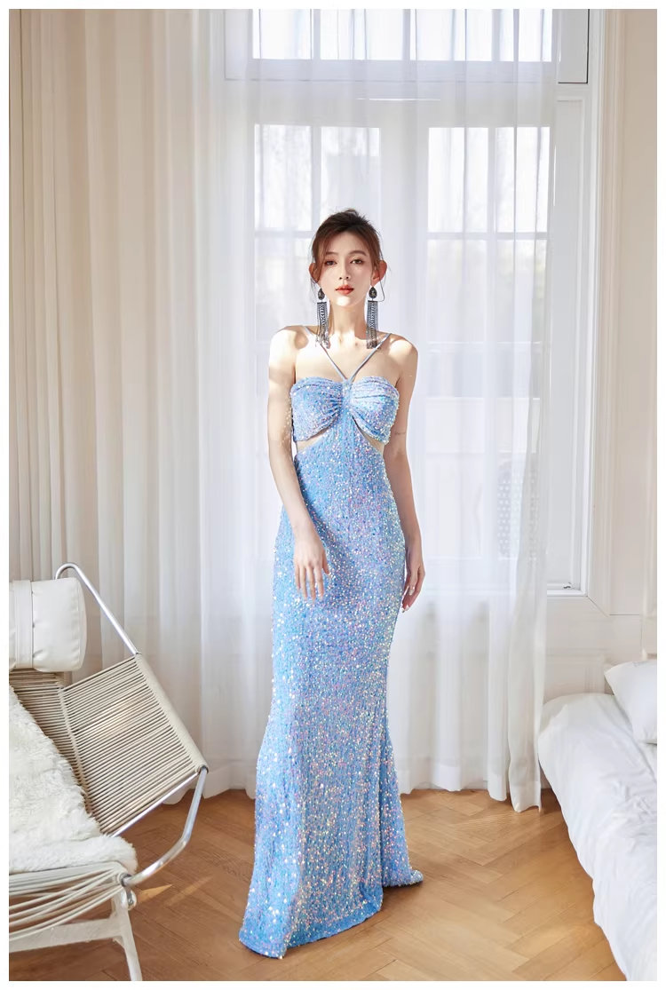 Glitter Blue Sequin Mermaid Long Wedding Guest Dress Formal Evening Dress Party Gown D2440