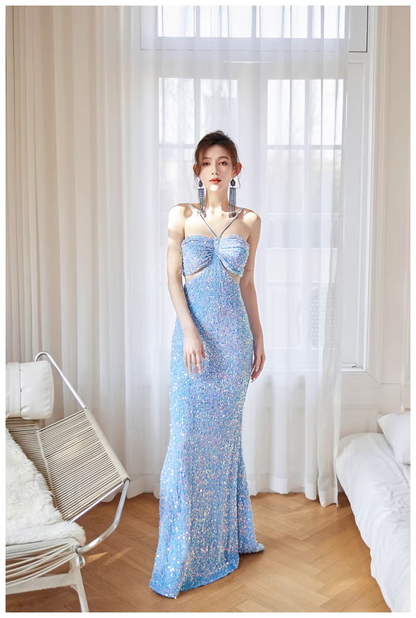Glitter Blue Sequin Mermaid Long Wedding Guest Dress Formal Evening Dress Party Gown D2440