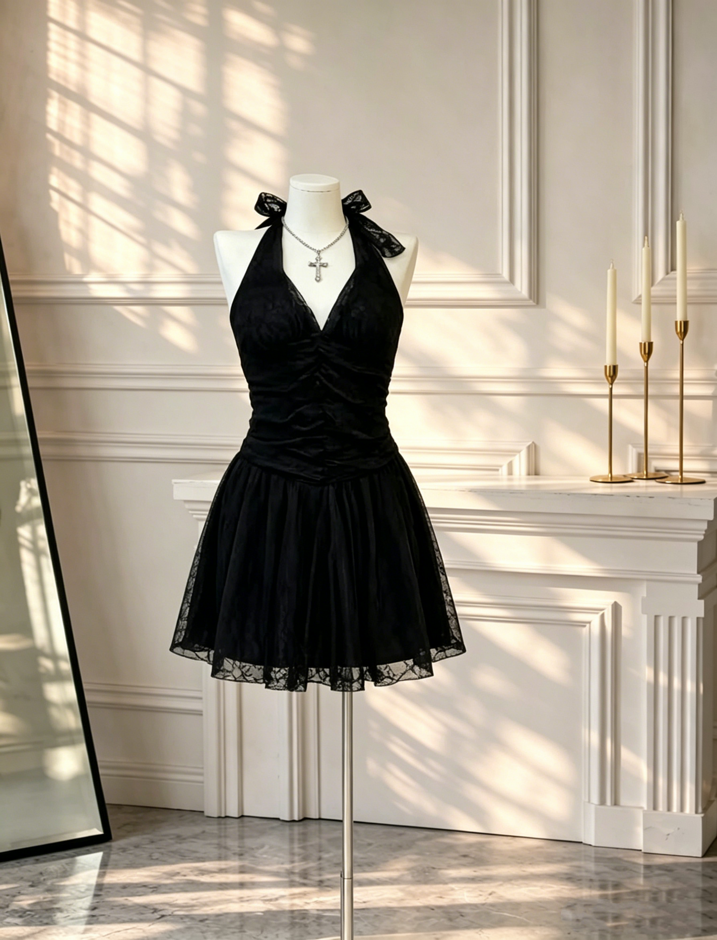 Sexy Black Lace Cocktail Dress Halter V Neck Short Vacation Dress D2540