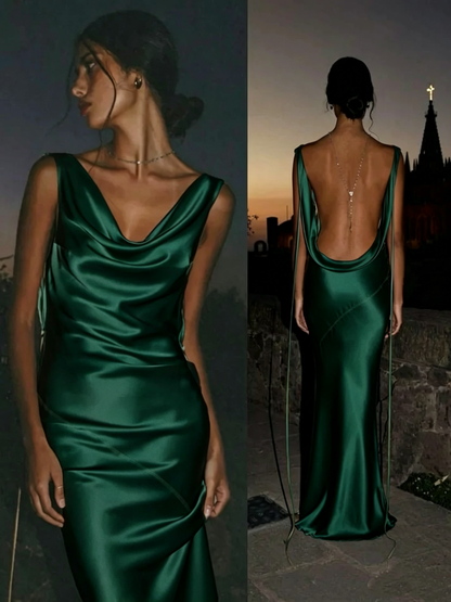 Sexy Green Sleeveless Satin Backless Mermaid Evening Dress Long Party Gown Bridesmaid Dress D1464