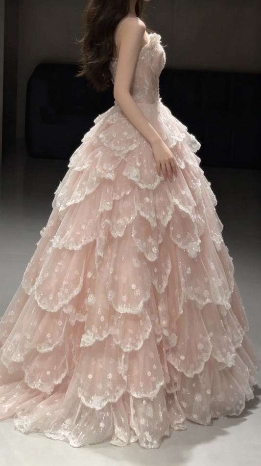 Glamorous Strapless Ball Gown Pink Tulle Sequin Layered Long Evening Dress Birthday Party Gown D1942