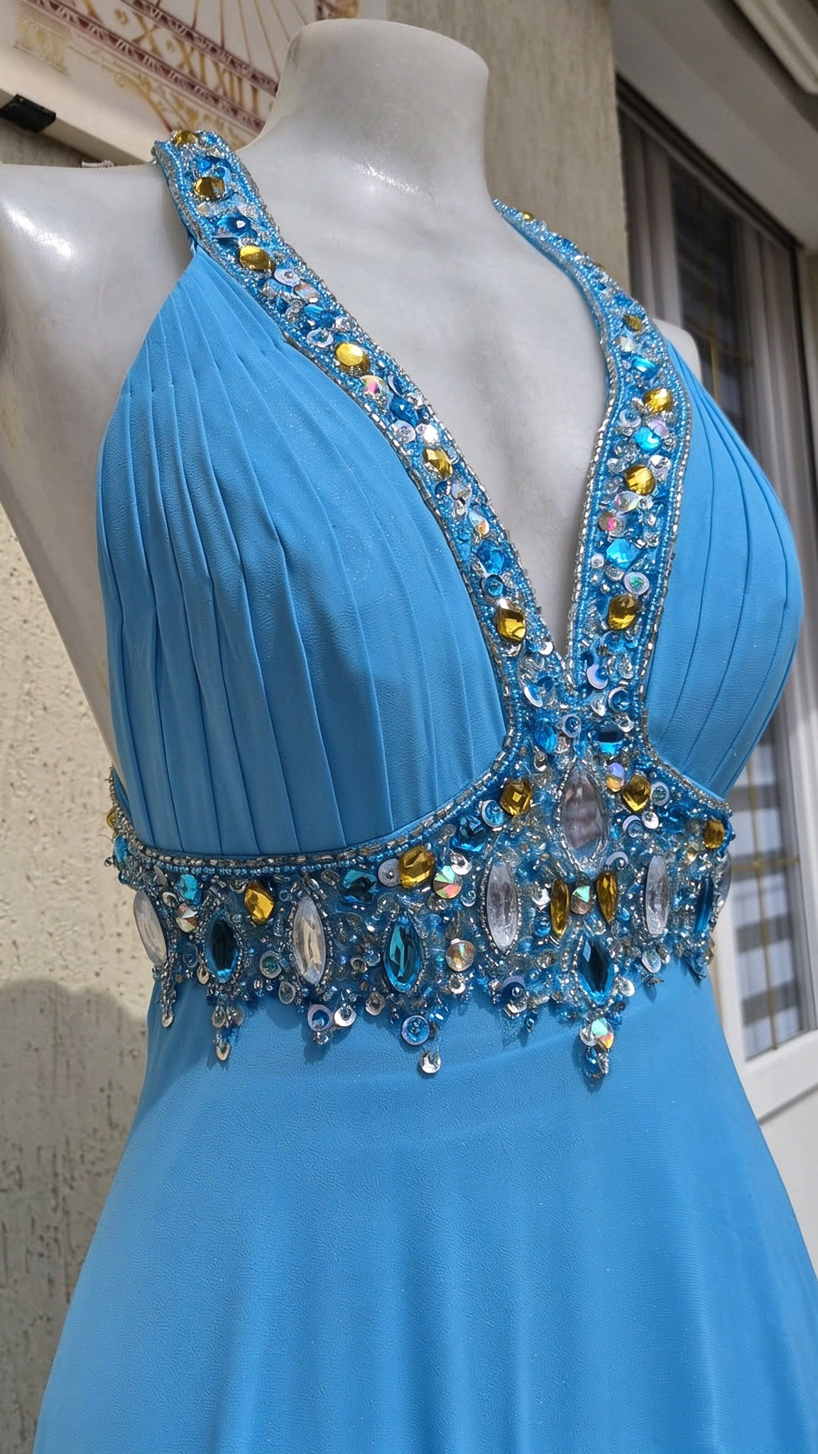 Elegant Halter V Neck Chiffon Beaded Long Party Dress Blue Long Prom Gown D4952