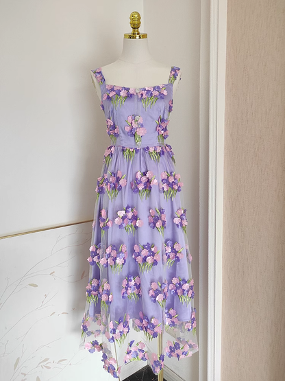 Cute A line Straps Sleeveless Lilac Floral Party Dress Short Birthday Outfits SD383