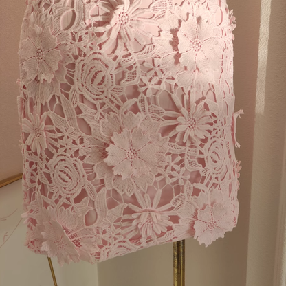 Sexy A Line Spaghetti Straps Pink Lace Vacation Dresses Short Birthday Outfits SD330