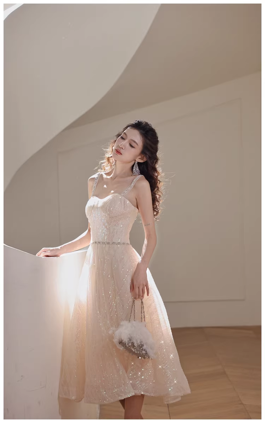 Elegant Light Champagne Tulle Sequin Beaded A Line Mid Length Birthday Prom Dress Evening Gown D2443
