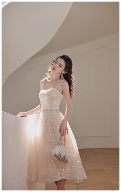 Elegant Light Champagne Tulle Sequin Beaded A Line Mid Length Birthday Prom Dress Evening Gown D2443