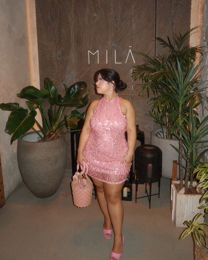 Elegant Pink Halter Sleeveless Sequin Short Party Dress Birthday Outfits S793