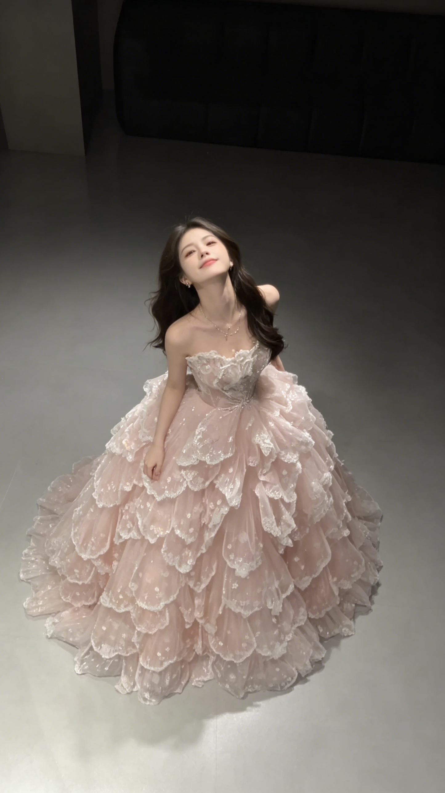 Glamorous Strapless Ball Gown Pink Tulle Sequin Layered Long Evening Dress Birthday Party Gown D1942