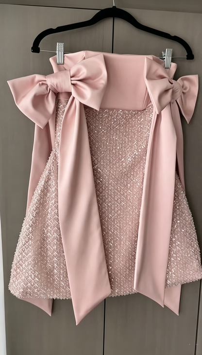Shiny Bow Straps Satin Sequin A Line Short 7th Grade Homecoming Dress,Pink Short Birthday Dress D3950