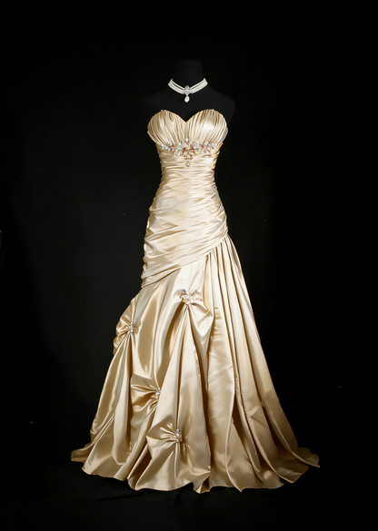 Retro Burgundy Strapless Satin Pleated Mermaid Long Party Dress Birthday Dress With Beads D2234