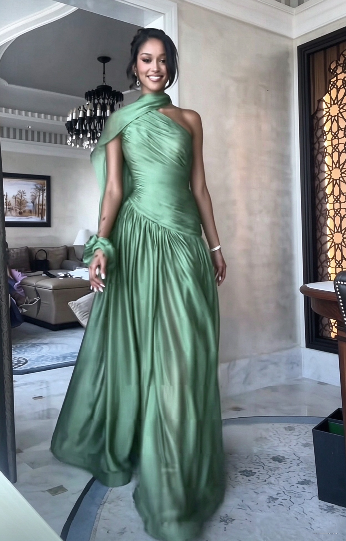 Stylish Green Chiffon Pleated Mermaid Long Party Dress One Shoulder Long Prom Dresses D5021