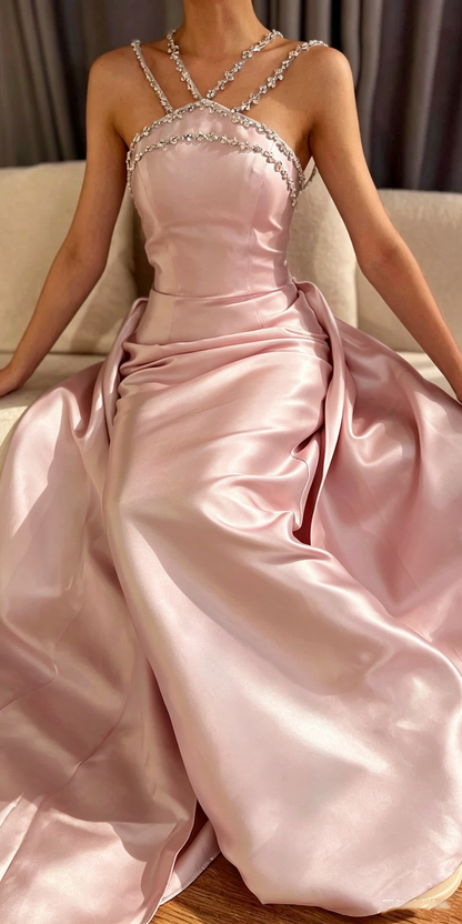 Gorgeous Blue Sleeveless Satin Beaded Mermaid Long Prom Dress Evening Gown D1080