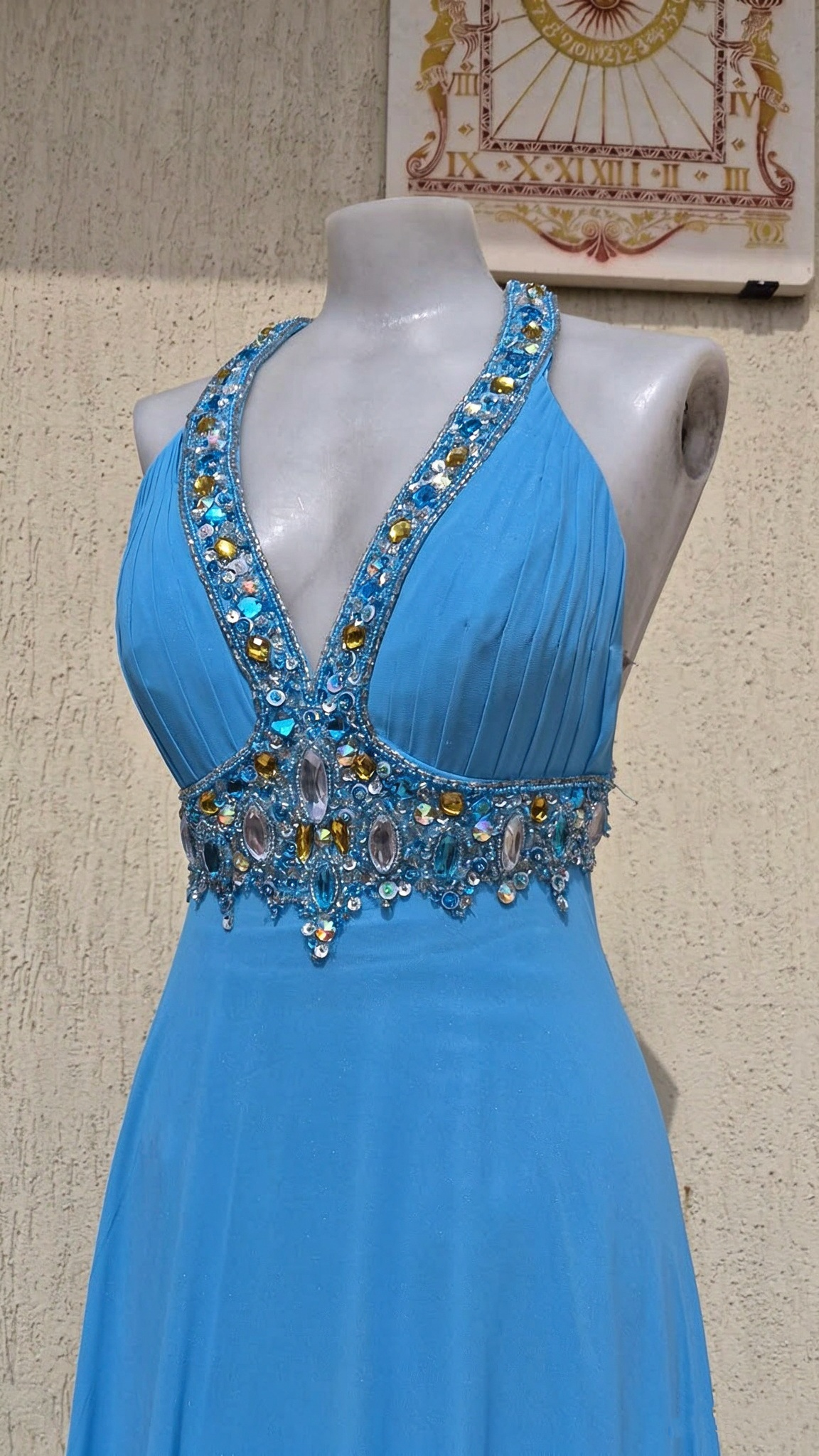 Elegant Halter V Neck Chiffon Beaded Long Party Dress Blue Long Prom Gown D4952