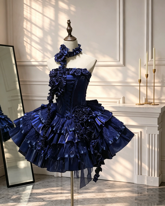 Unique Blue Short Lolita Dress Strapless Satin Lace Mini Party Dress Birthday Dress D2539