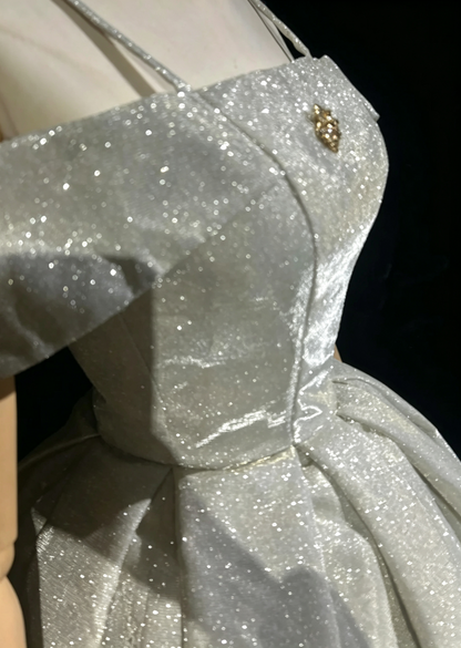 Sparkly Off The Shoulder Satin Sequin A Line cocktail Dress,Silver Short 9th Grade Homecoming Dress D3367