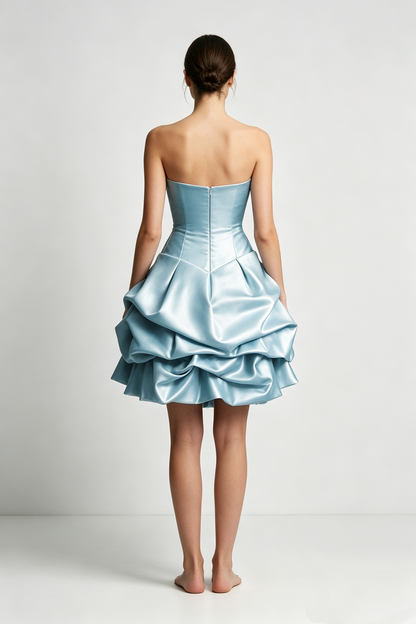 Sexy Strapless Light Blue Satin Pleated Short Graduation Homecoming Dress Birthday Outfits D3003