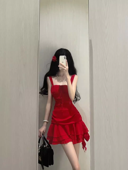 Cute A line Straps Short Red Cocktail Dresses Birthday Outfits SD546