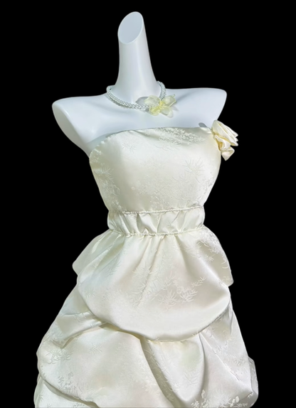 Elegant Strapless Off White Satin Print Floral A Line Short Birthday Dress,Mini Prom Dress D4180