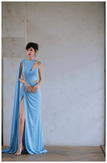 Sexy Blue Satin Slit Mermaid Long Prom Dress Evening Dresses D2459