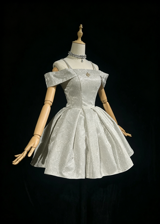 Sparkly Off The Shoulder Satin Sequin A Line cocktail Dress,Silver Short 9th Grade Homecoming Dress D3367