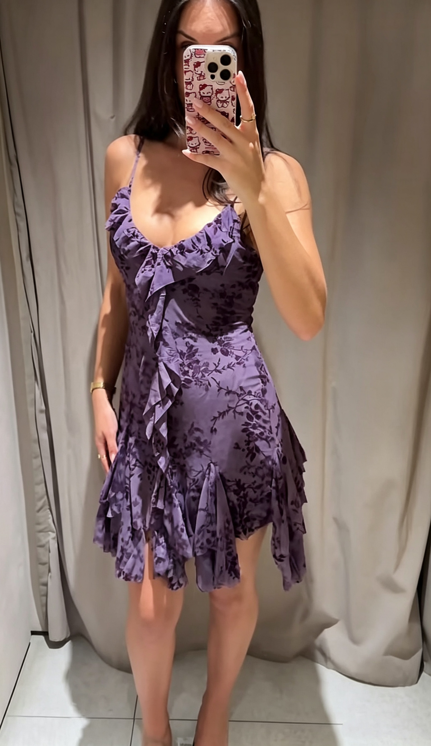 Vintage Spaghetti Straps Purple Chiffon Print Floral Ruffles Short Homecoming Dress Cocktail Dress D3831