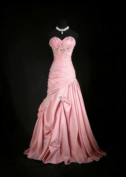 Retro Burgundy Strapless Satin Pleated Mermaid Long Party Dress Birthday Dress With Beads D2234