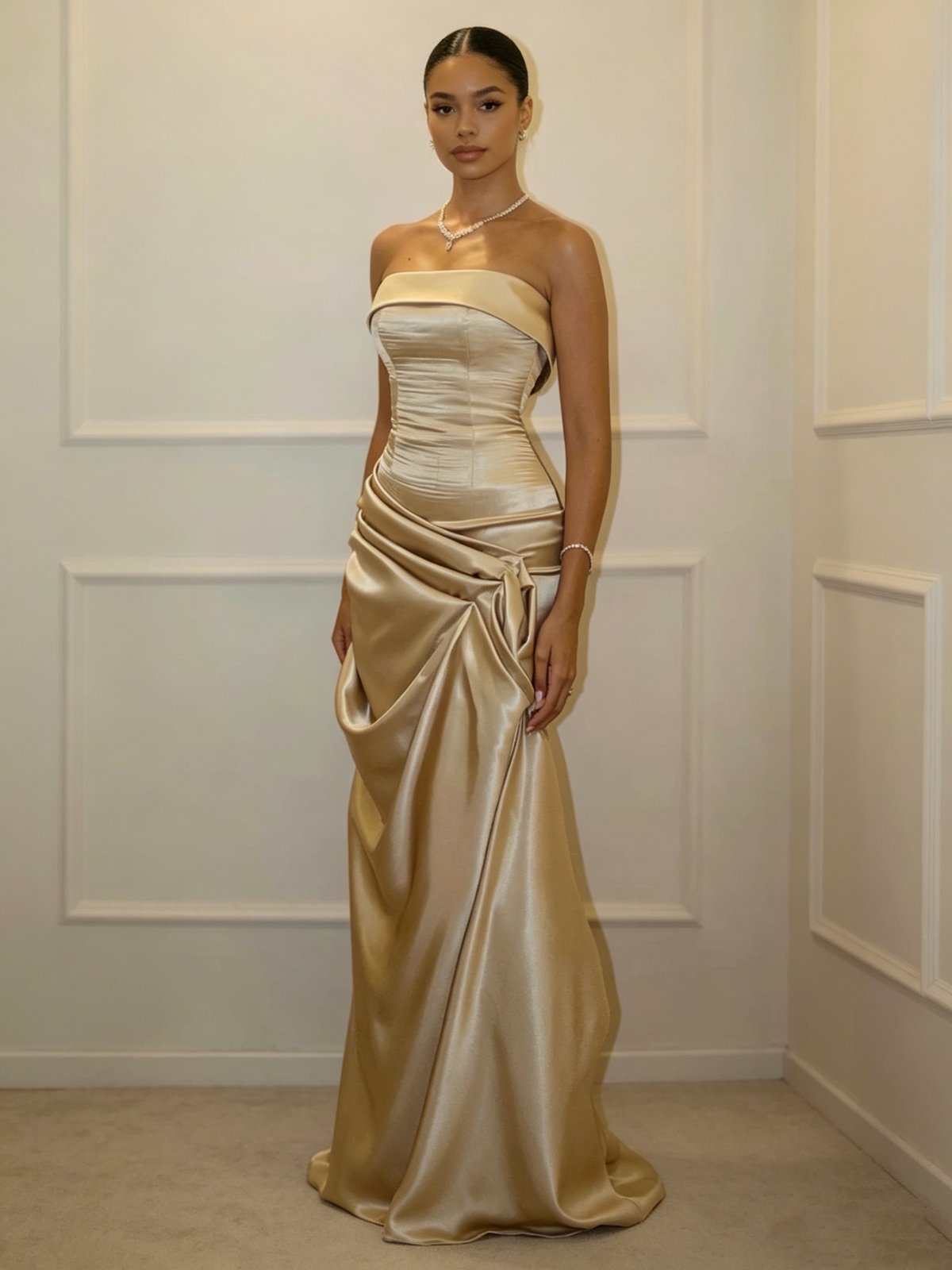 Trendy Champagne Strapless Satin Pleated Mermaid Evening Dress Formal Wedding Guest Dress D1078