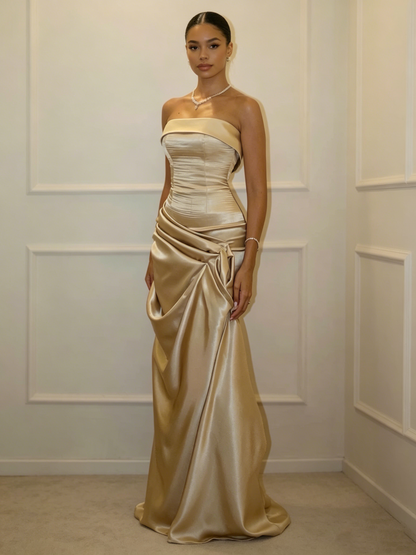 Trendy Champagne Strapless Satin Pleated Mermaid Evening Dress Formal Wedding Guest Dress D1078